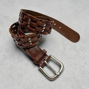 Lauren Ralph Lauren Womens Brown Leather Braided Skinny Belt Brass Buckle Small Braided Vachetta Leather Skinny Belt | Ralph Lauren main image 3